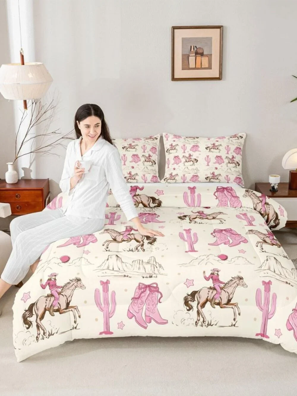 Retro Western Horse Twin Comforter Set for Girls,Pink Cowgirl Boots and Bows Bed